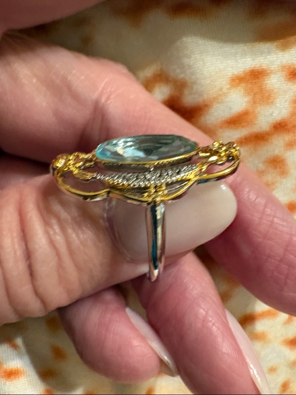Size 7 Silver and Gold-Tone Floral Filigree Ring with Pale Blue Marquise Stone